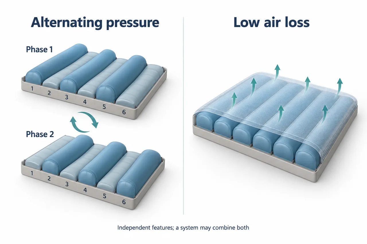 Two-phase alternating air cells compared with a low-air-loss surface.