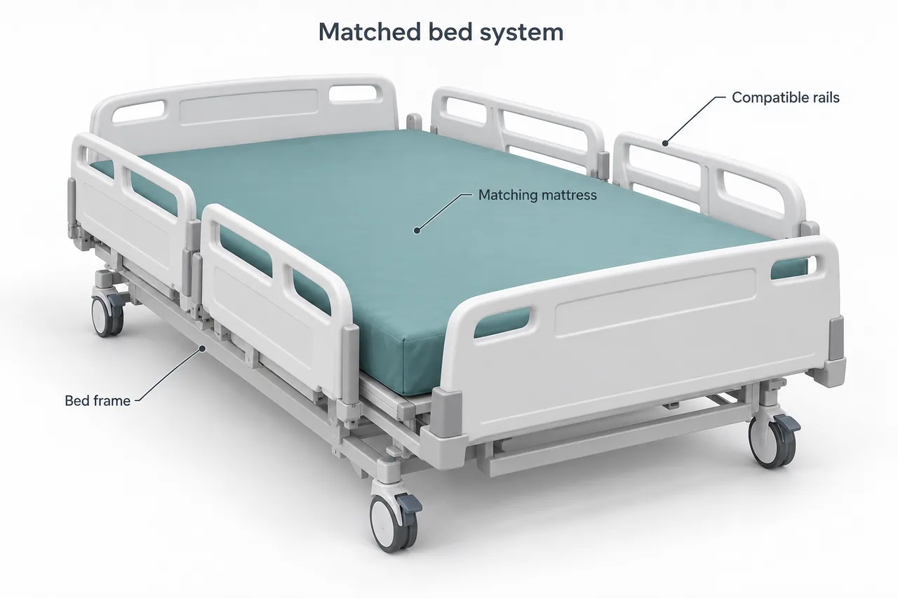 A generic wide hospital bed with a matching mattress and side rails.