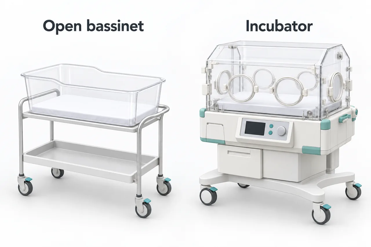 An empty open hospital bassinet compared with an enclosed incubator, both with horizontal mattress surfaces.