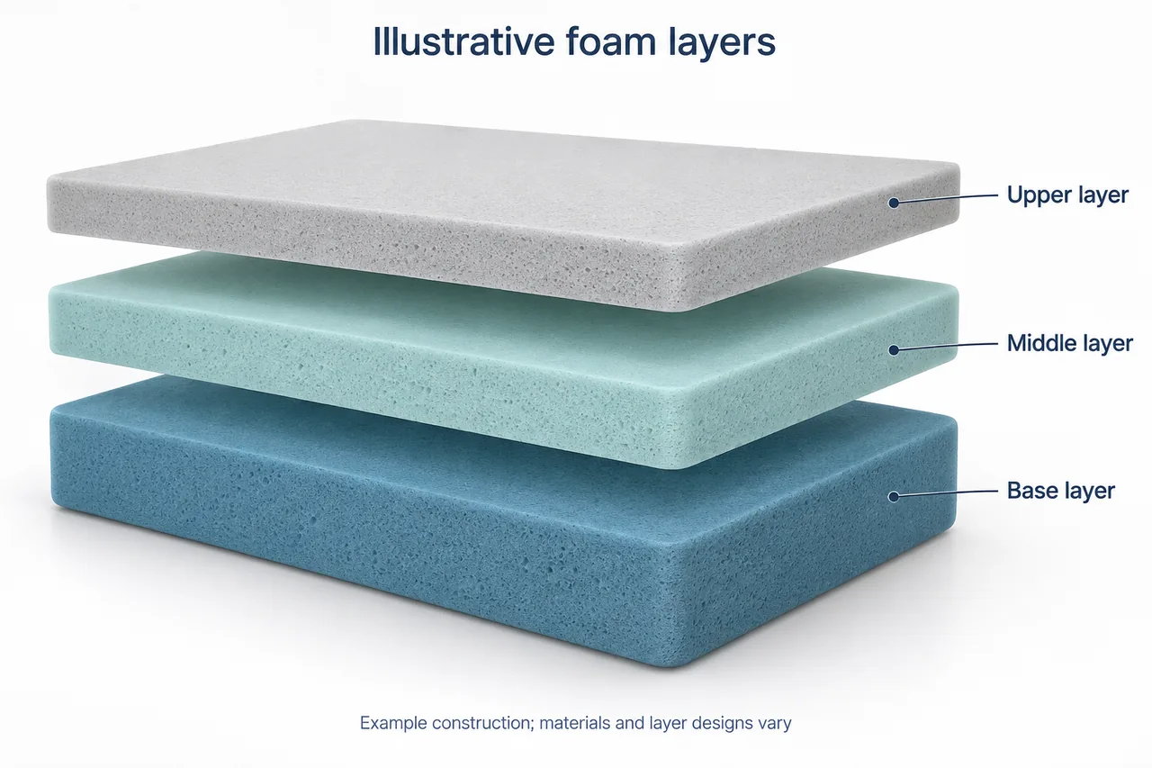 Exploded view of a generic foam mattress with separate upper, middle and base layers.