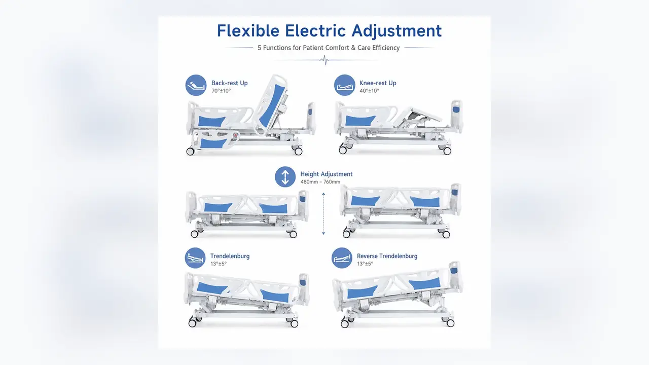 Keling KL-BC101 electric hospital bed showing its five adjustment functions