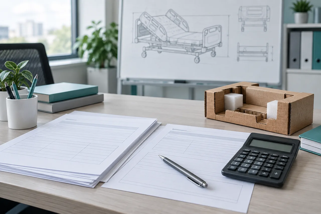 Blank specification sheets, a calculator and a packaging sample on a hospital-bed procurement desk.