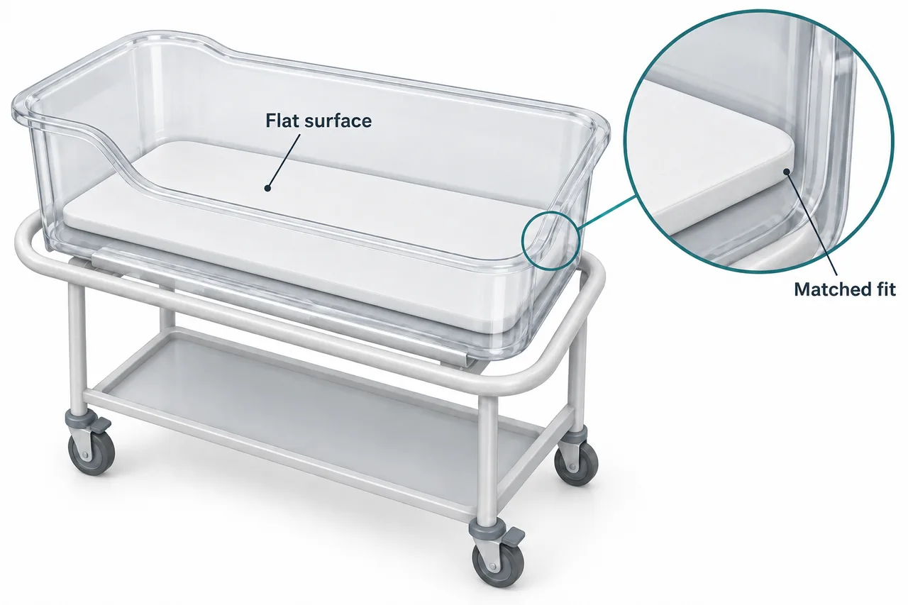 A flat mattress matched to the inside of an empty hospital bassinet, with a closer view of the mattress edge.