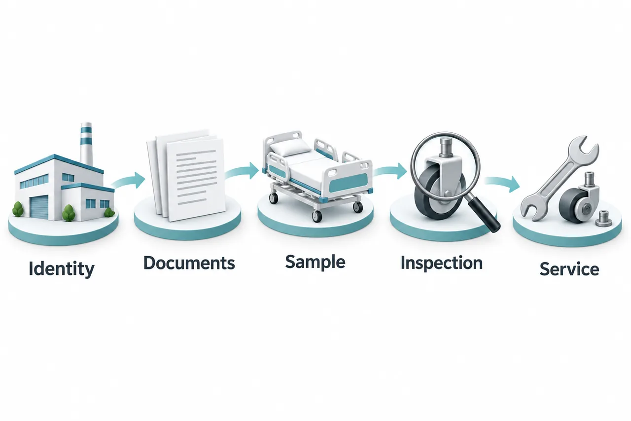 Five hospital-bed supplier review steps: Identity, Documents, Sample, Inspection and Service.