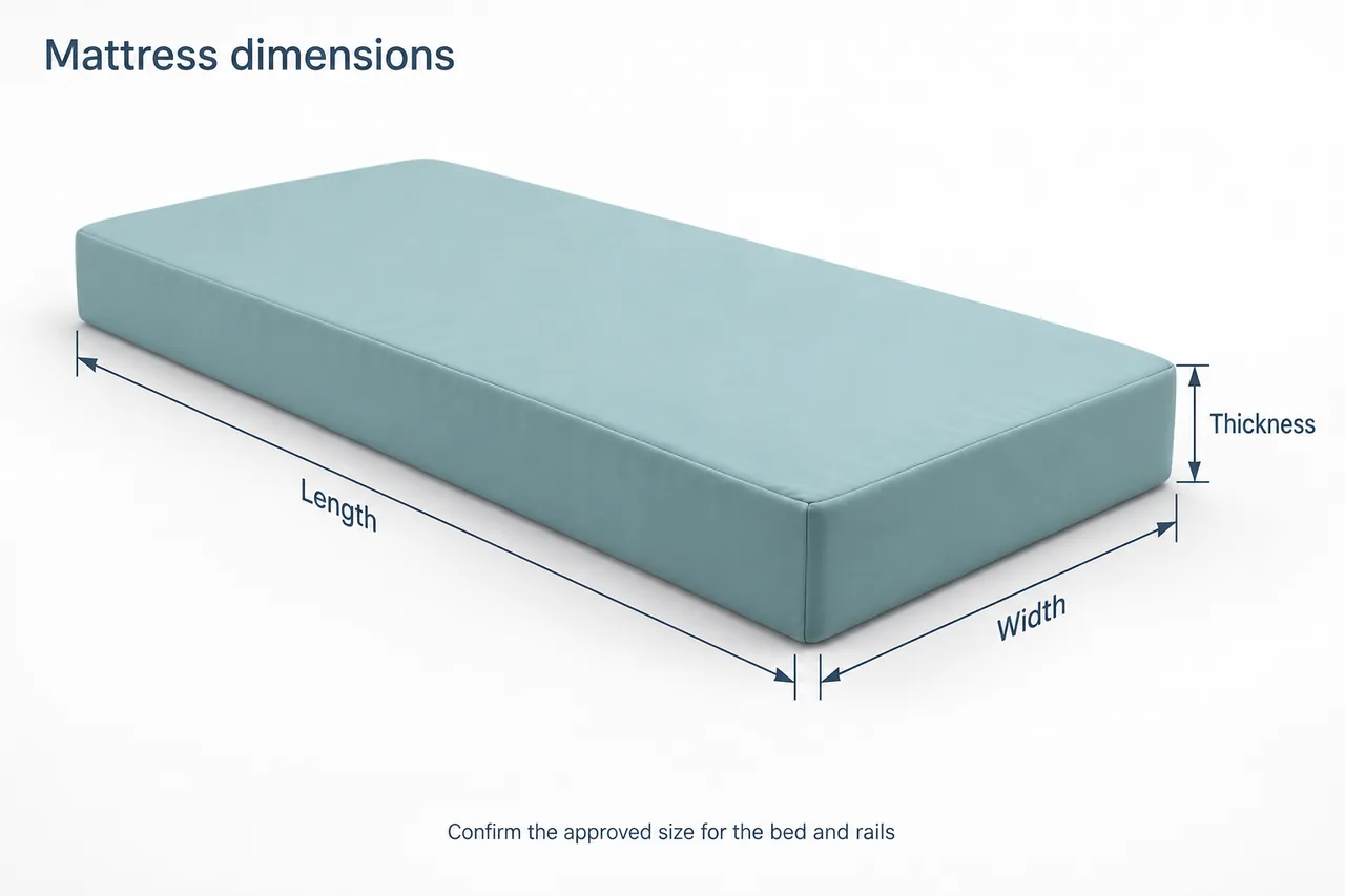 A hospital mattress diagram with arrows identifying length, width and full thickness.