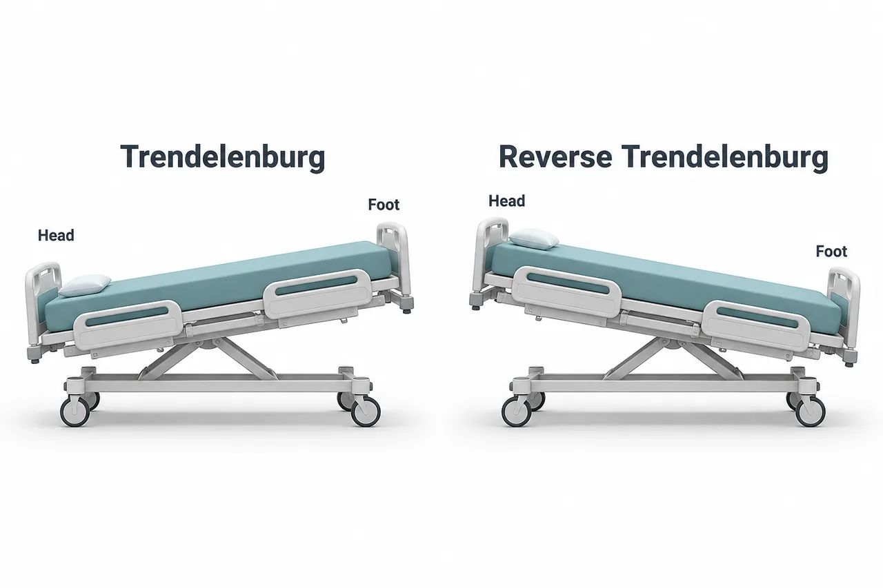 Two empty hospital beds showing head-down Trendelenburg on the left and head-up reverse Trendelenburg on the right.