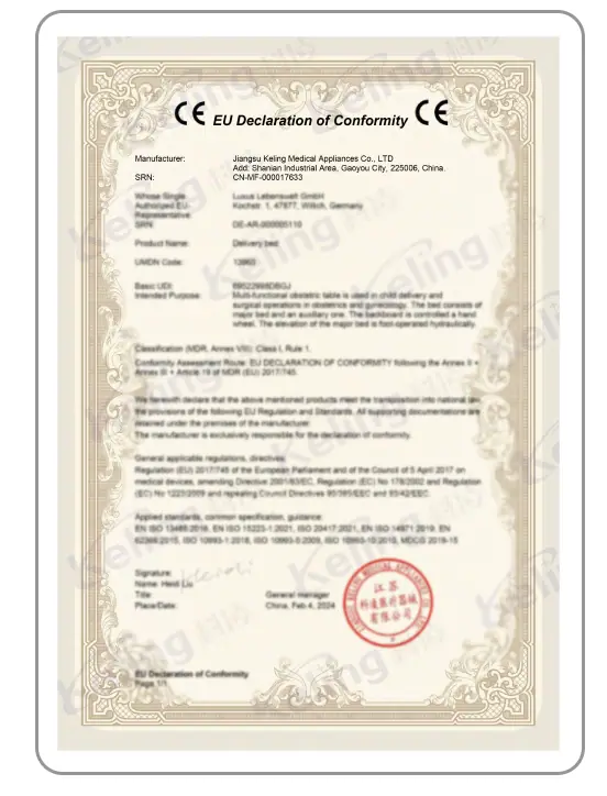 EU Declaration of Conformity (CE) — Jiangsu Keling Medical Appliances Co., Ltd., with an EU authorised representative