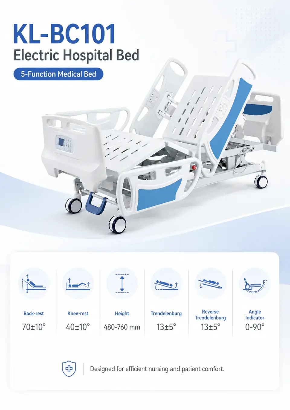 KL-BC101 electric hospital bed with Trendelenburg position demonstrated
