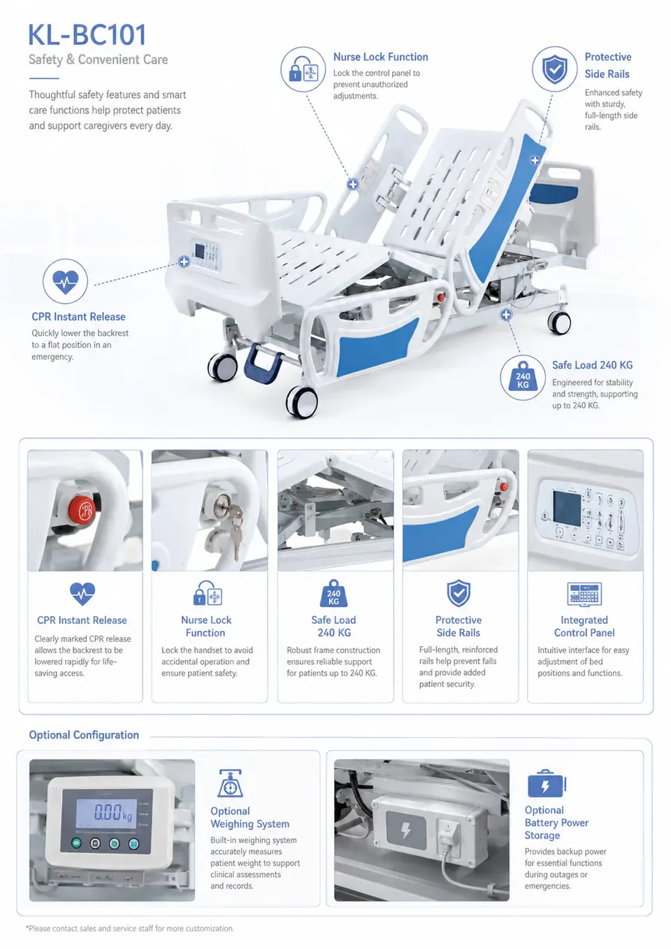 KL-BC101 electric hospital bed head section and panel detail