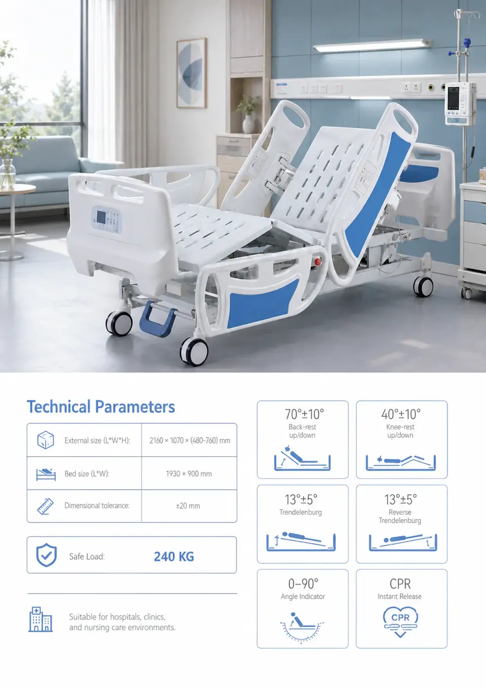 Keling KL-BC101 electric hospital bed full view in ward environment