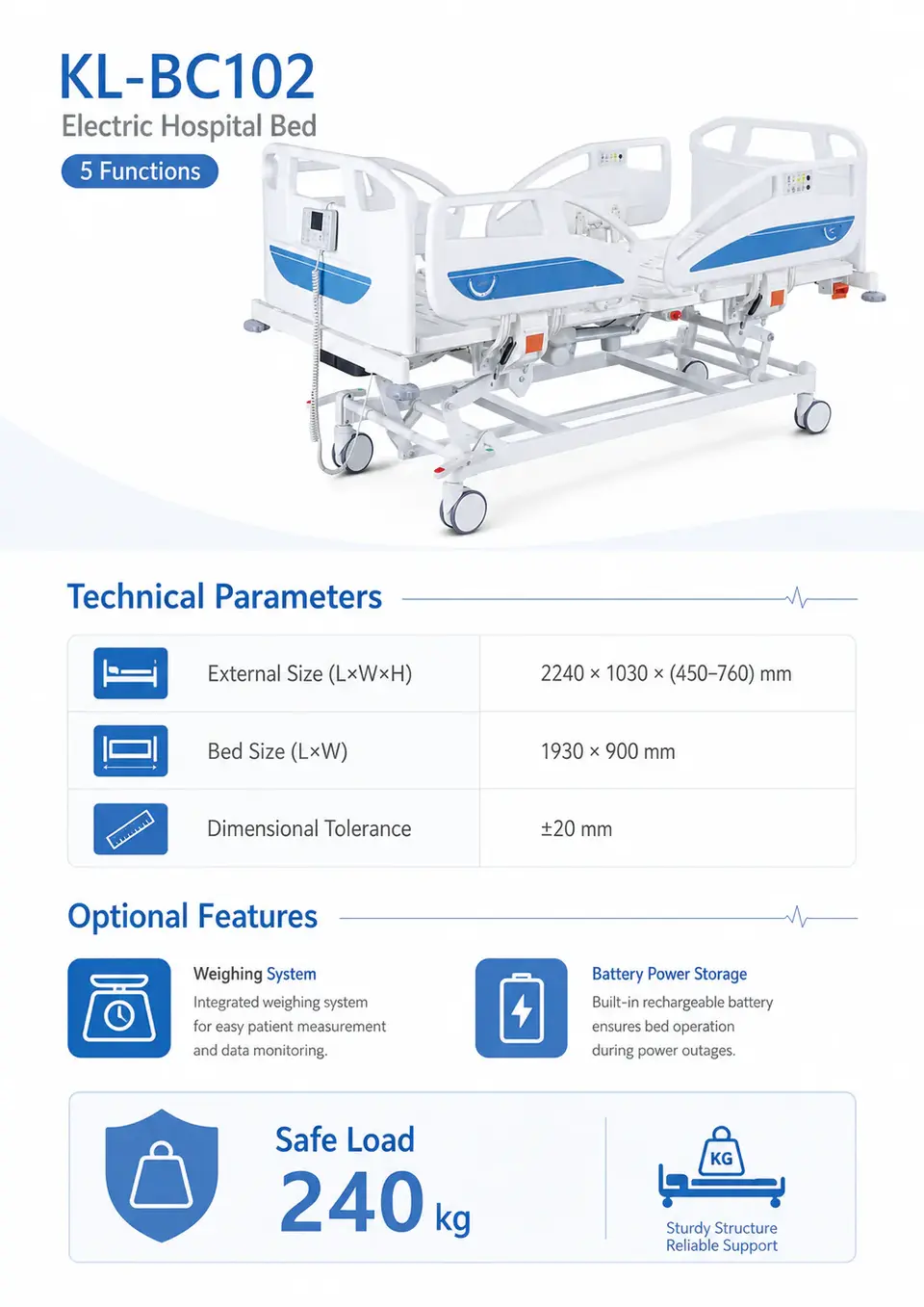 Keling KL-BC102 electric hospital bed full view in ward