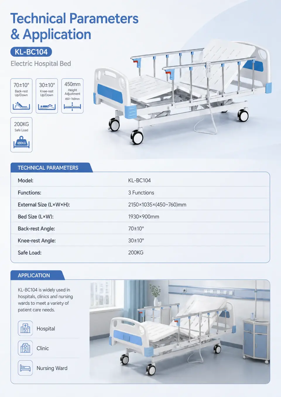 Keling KL-BC104 electric hospital bed full view in ward environment