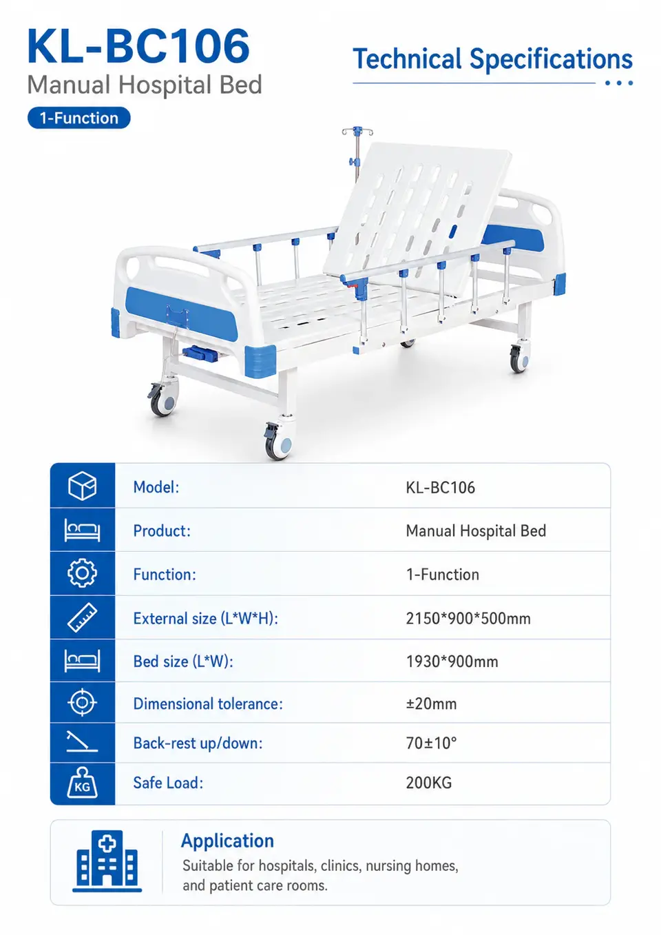 Keling KL-BC106 manual hospital bed full view in ward environment
