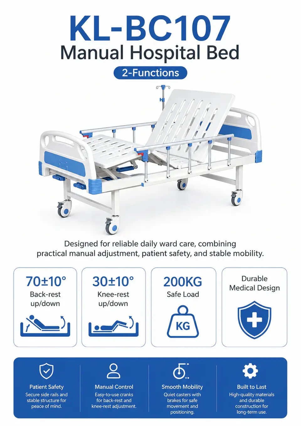 KL-BC107 manual hospital bed footboard and caster detail