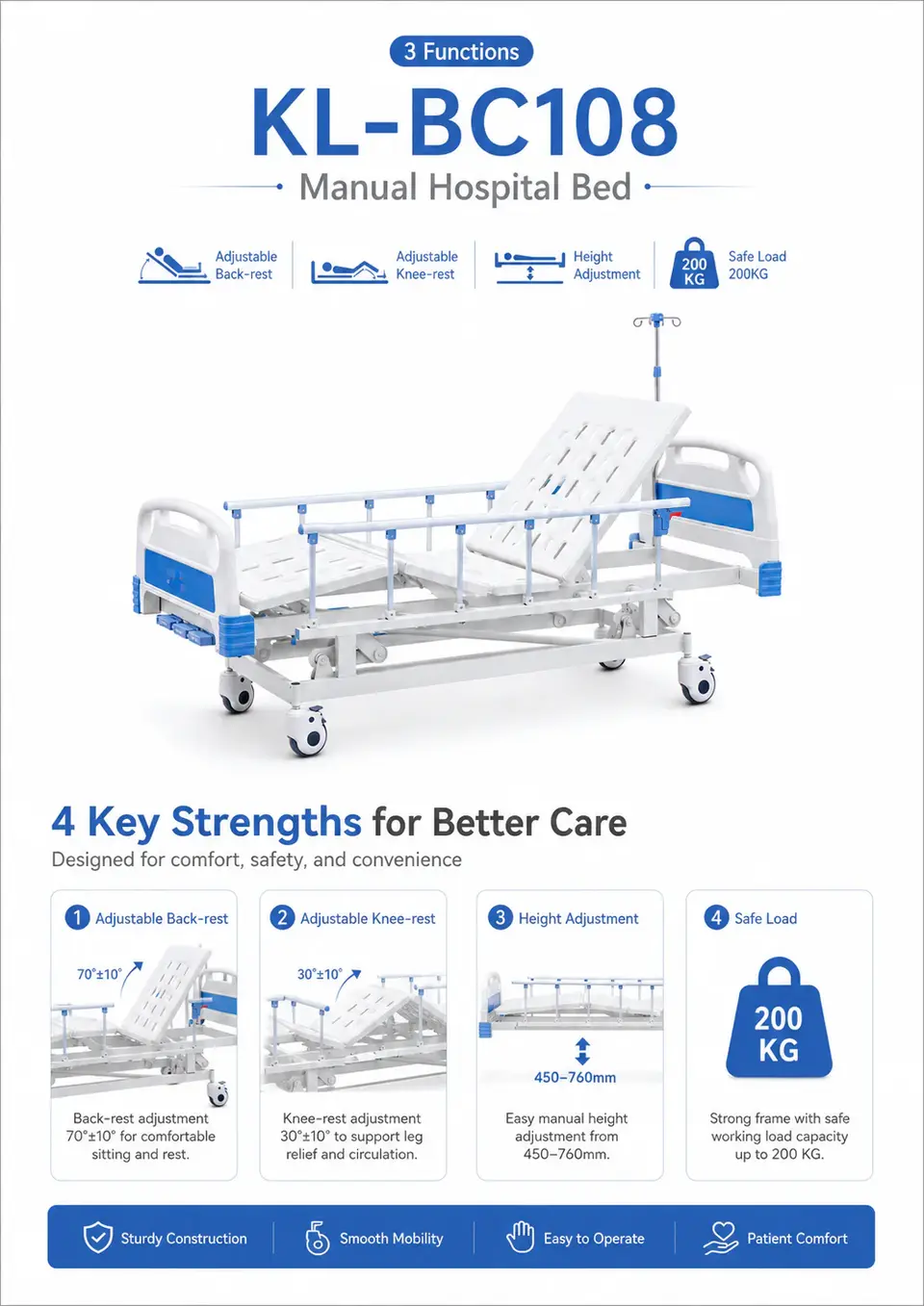 KL-BC108 manual hospital bed footboard and caster detail