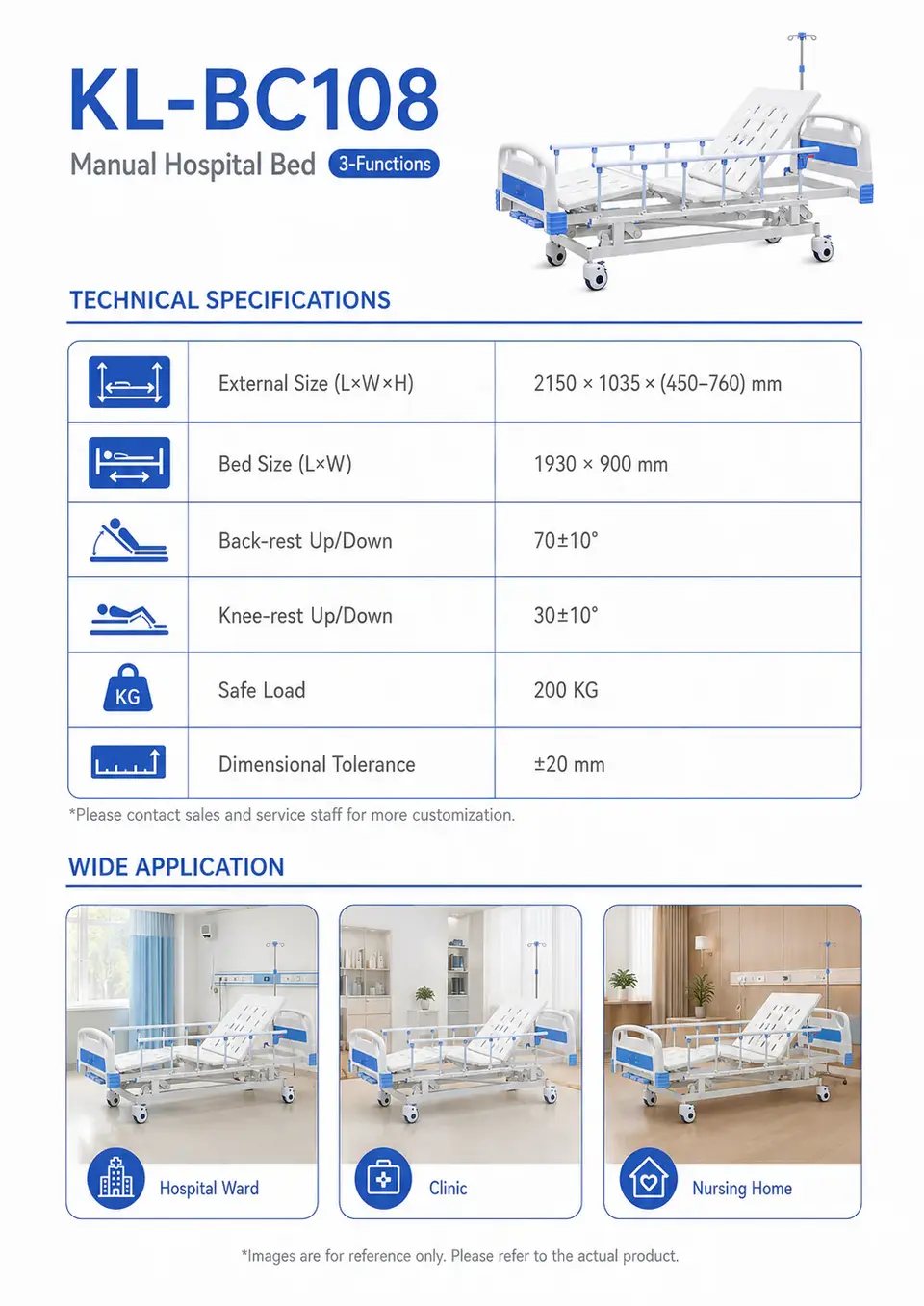 Keling KL-BC108 manual hospital bed full view in ward environment