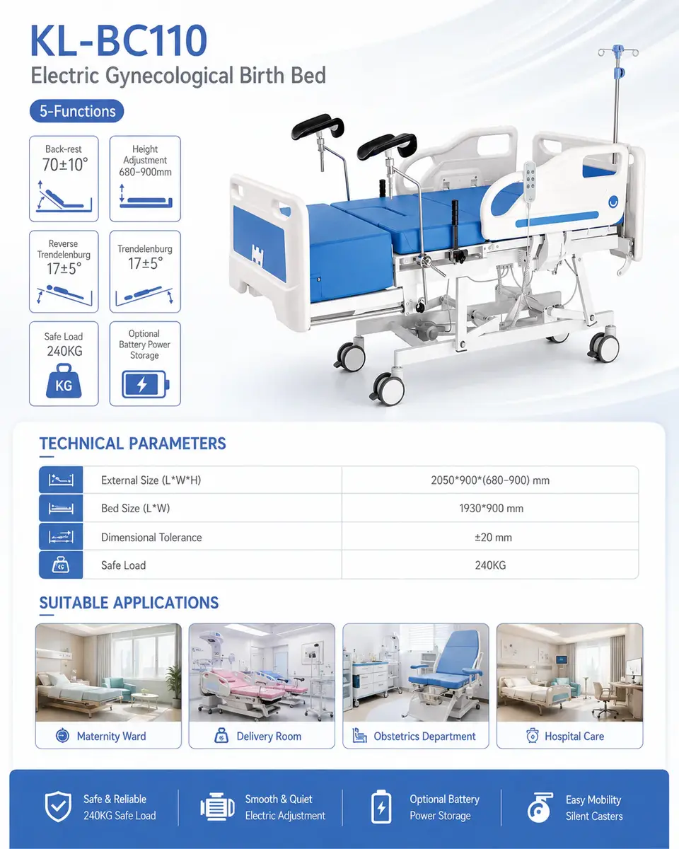 Keling KL-BC110 gynecological birth bed full view in obstetrics setting
