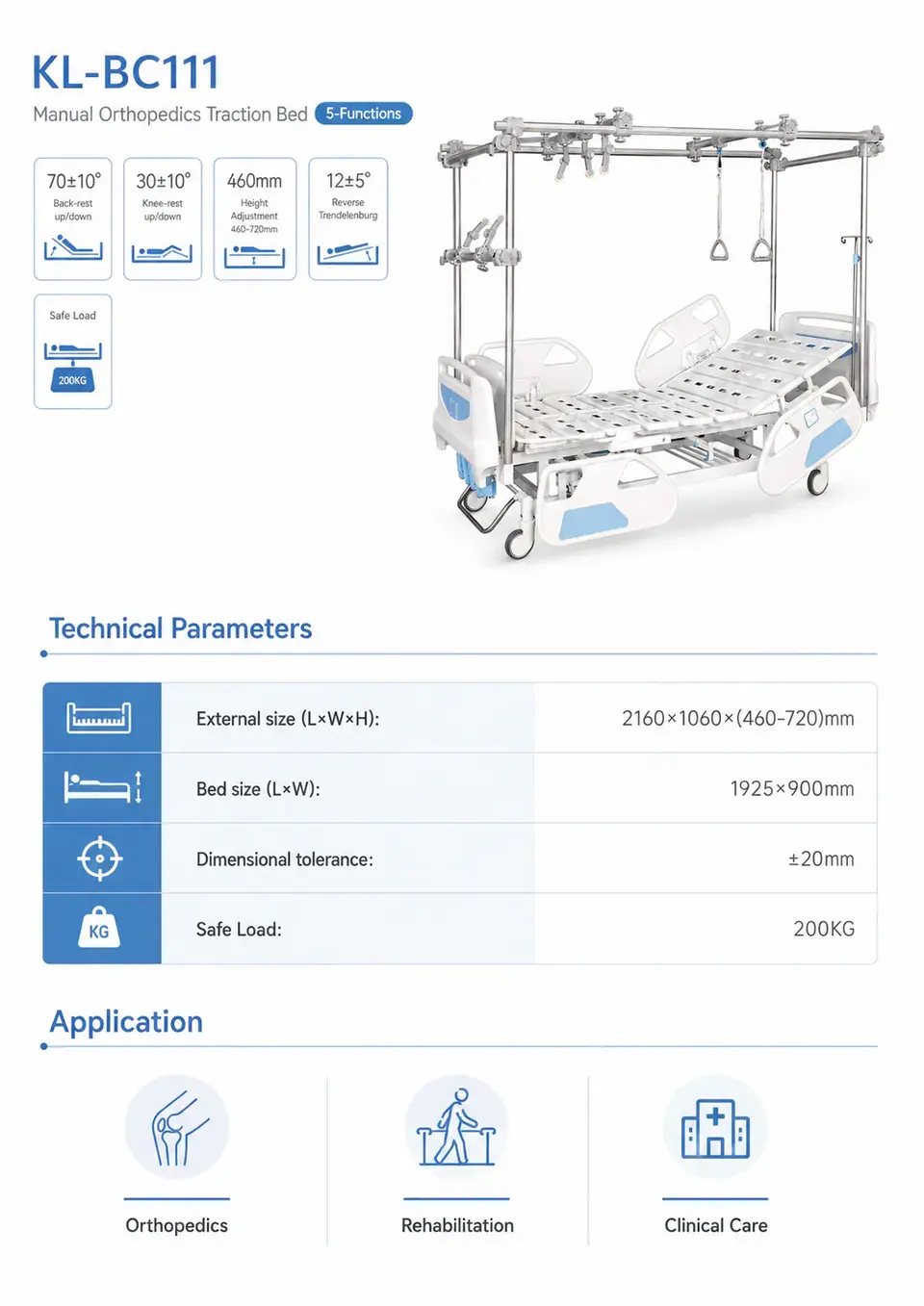 Keling KL-BC111 orthopedics traction bed full view in clinical environment