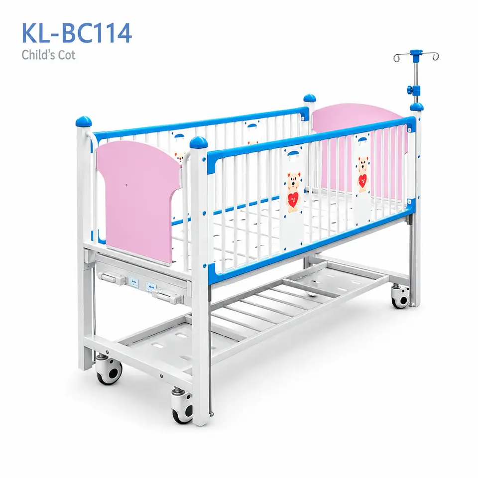 Keling KL-BC114 child cot with high sides and coloured end panels.