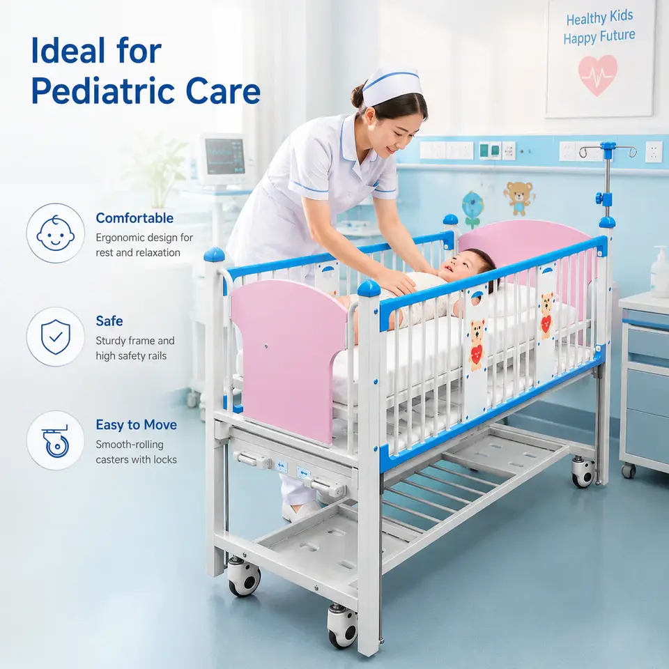 KL-BC114 pediatric hospital bed detail view of side rail and IV pole