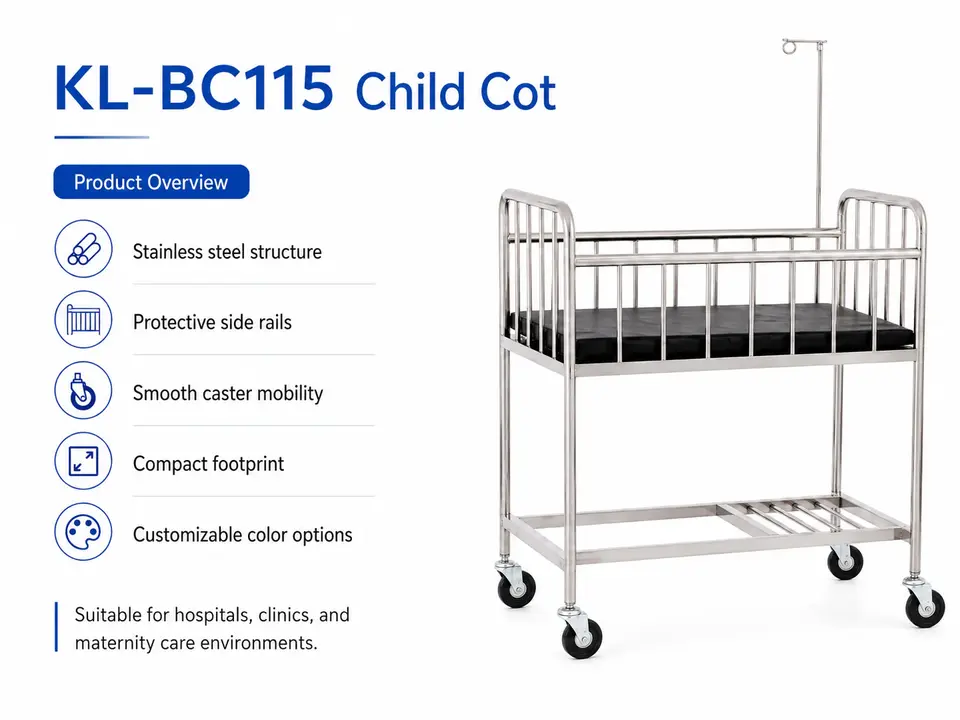 KL-BC115 product overview: stainless steel structure, protective rails, smooth mobility, compact footprint, customizable color