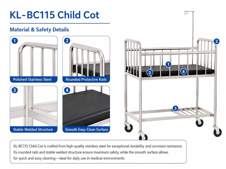 KL-BC115 feature detail page with application notes for hospitals, clinics and maternity care