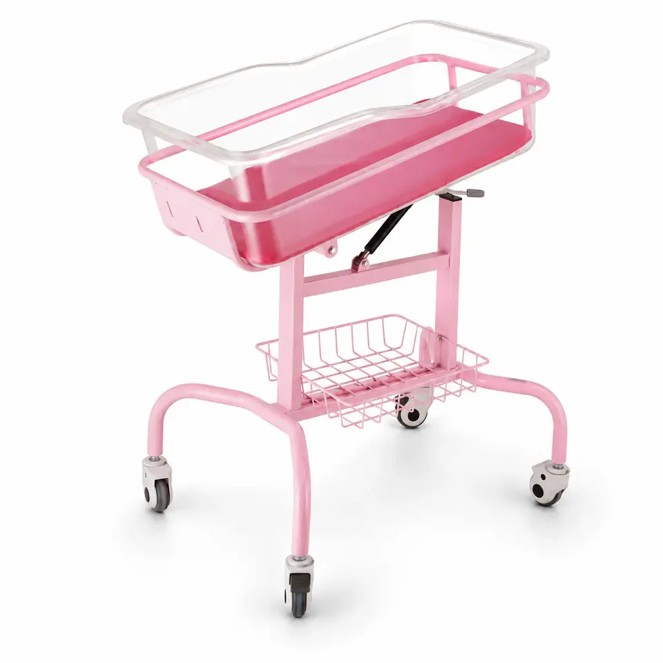 Keling KL-BC116 baby crib with pink transparent bassinet, storage basket and swivel casters