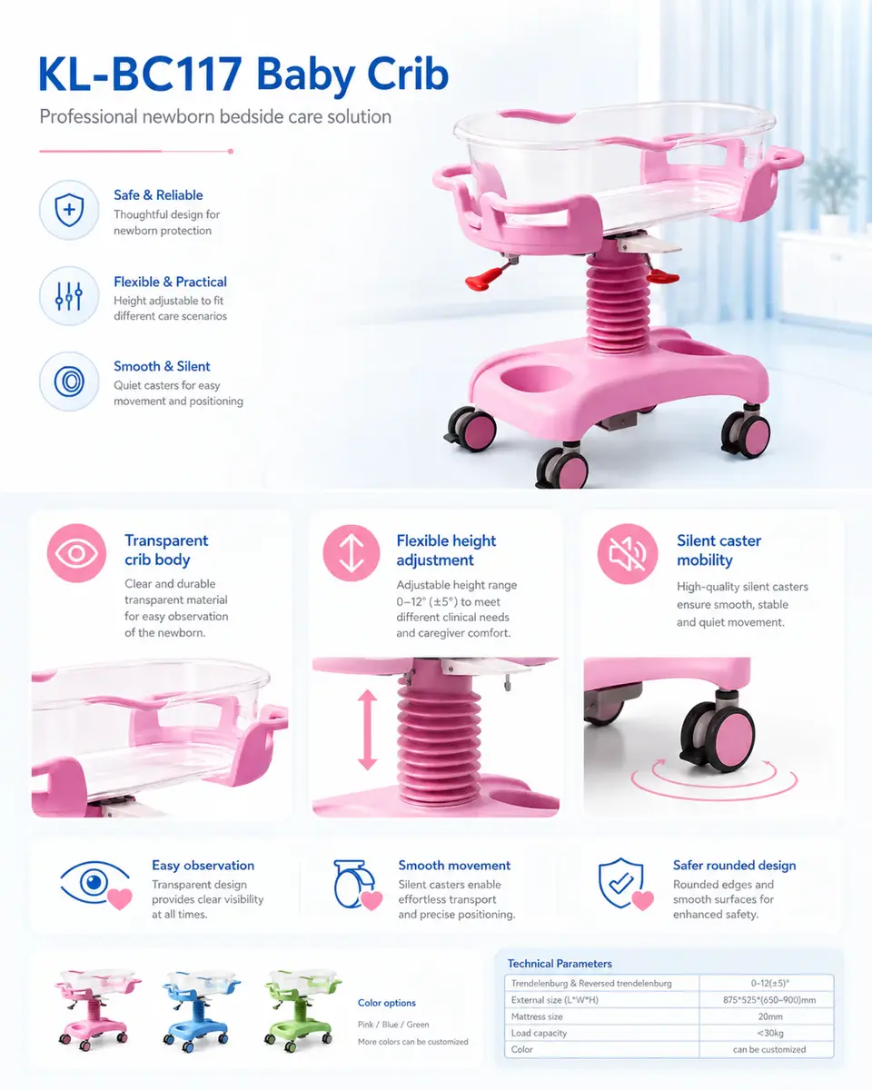 KL-BC117 feature overview: transparent crib body, flexible height adjustment, silent mobility, tilt range, color options