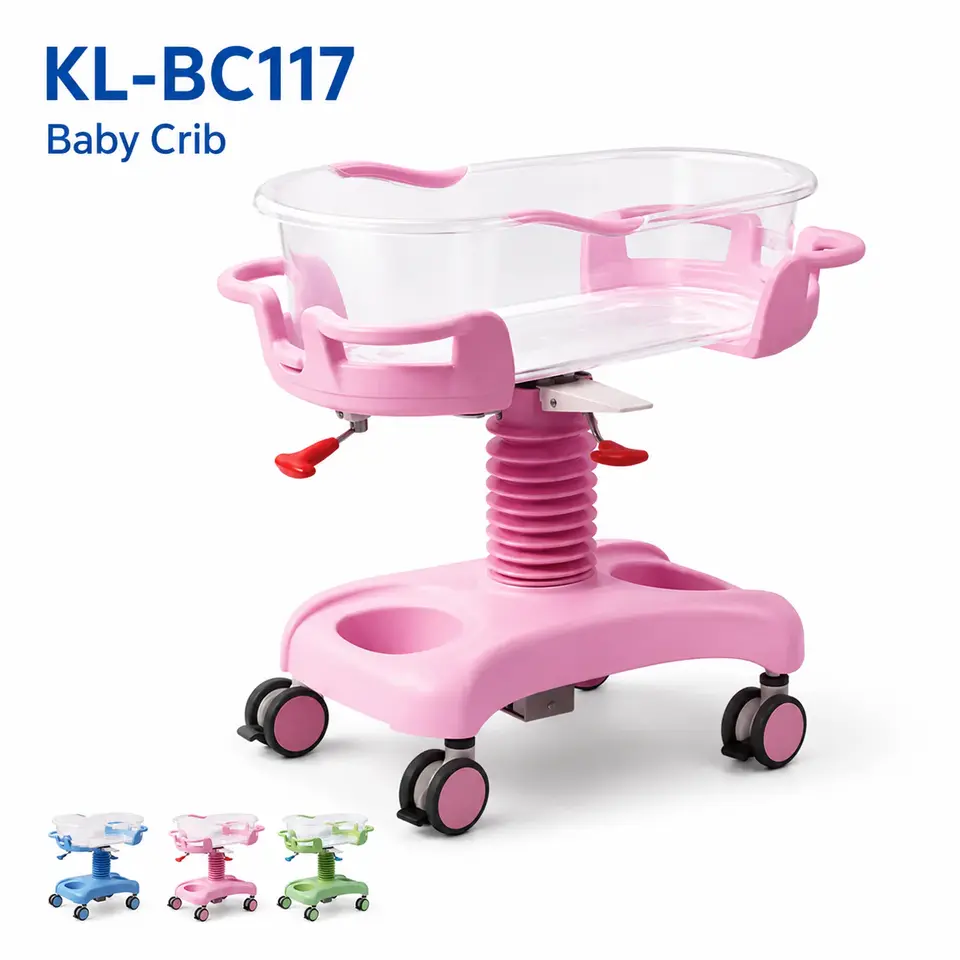 Keling KL-BC117 height-adjustable baby crib with transparent pink body and silent casters
