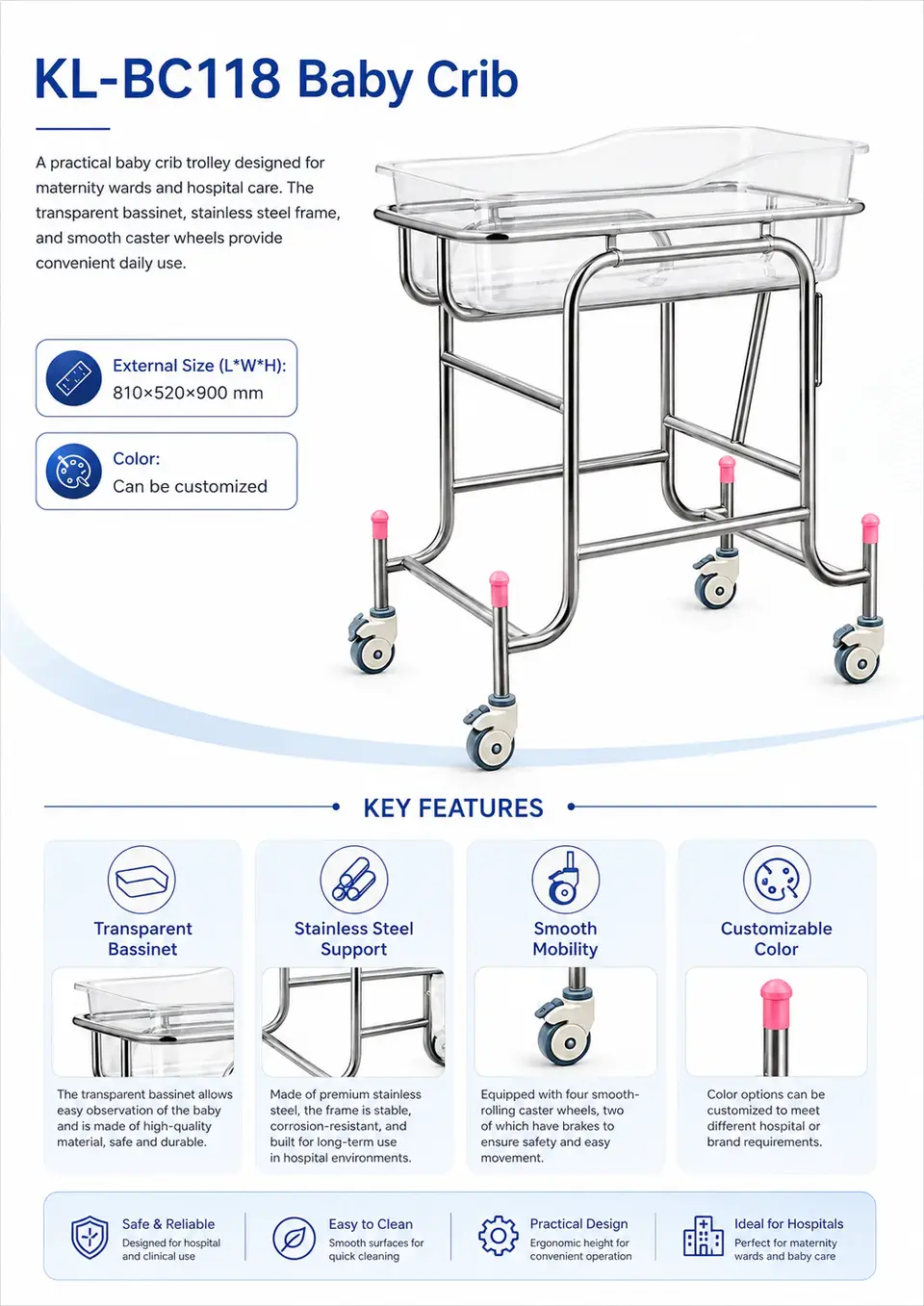 KL-BC118 feature overview: transparent bassinet, stainless steel support, smooth mobility, customizable color