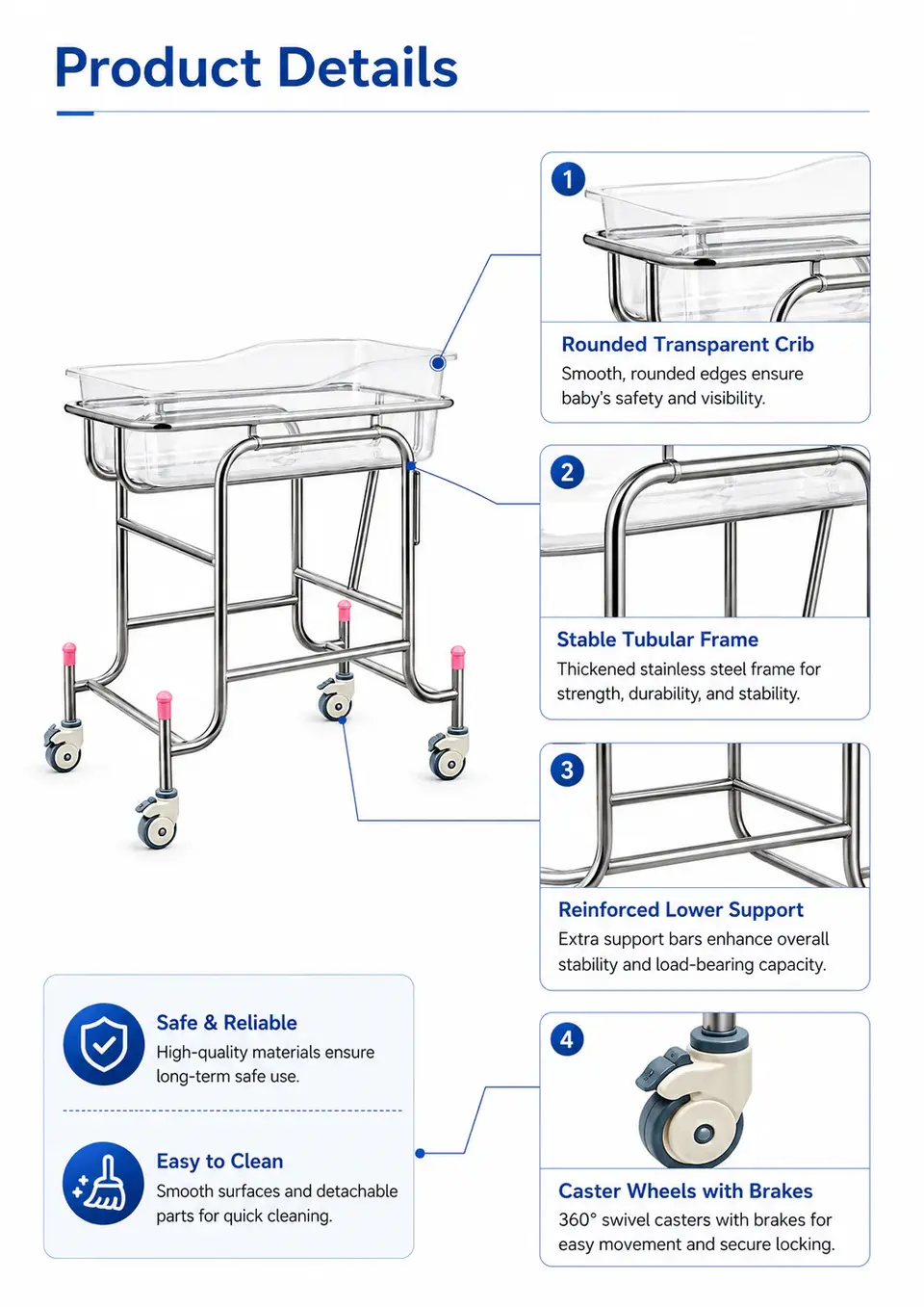 KL-BC118 key features detail: bassinet material, braked casters, easy-clean surface