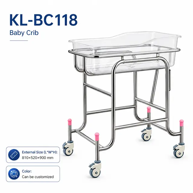 Keling KL-BC118 transparent hospital bassinet on a stainless steel frame.