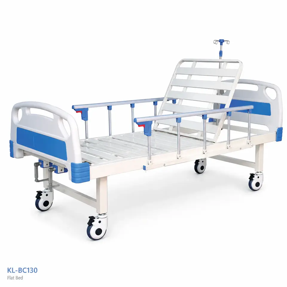 KL-BC130 flat bed in hospital ward showing full bed frame and back-rest raised