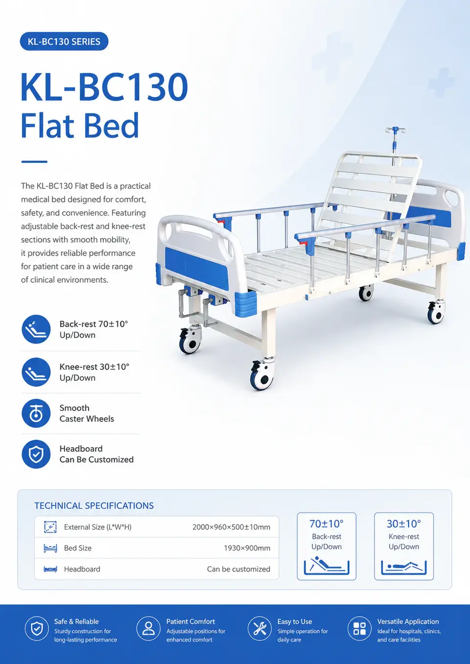 KL-BC130 flat bed with knee-rest section raised showing patient positioning