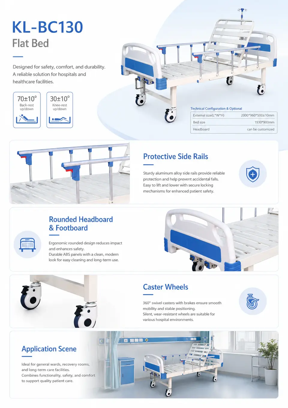 KL-BC130 hospital flat bed in clinical use with patient positioned