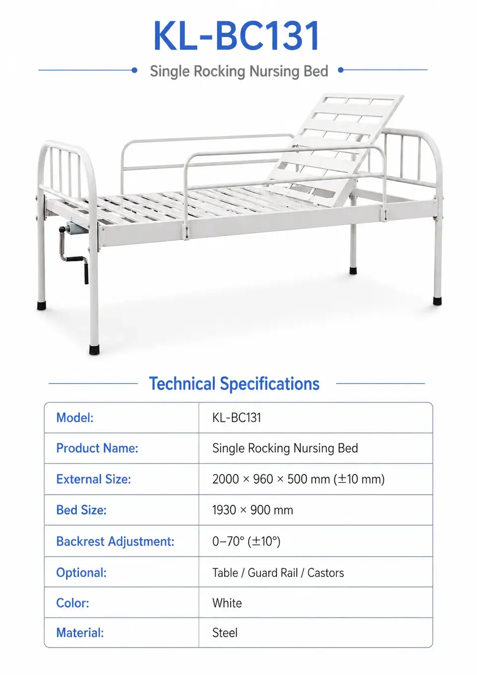 KL-BC131 manual nursing bed angled overhead view