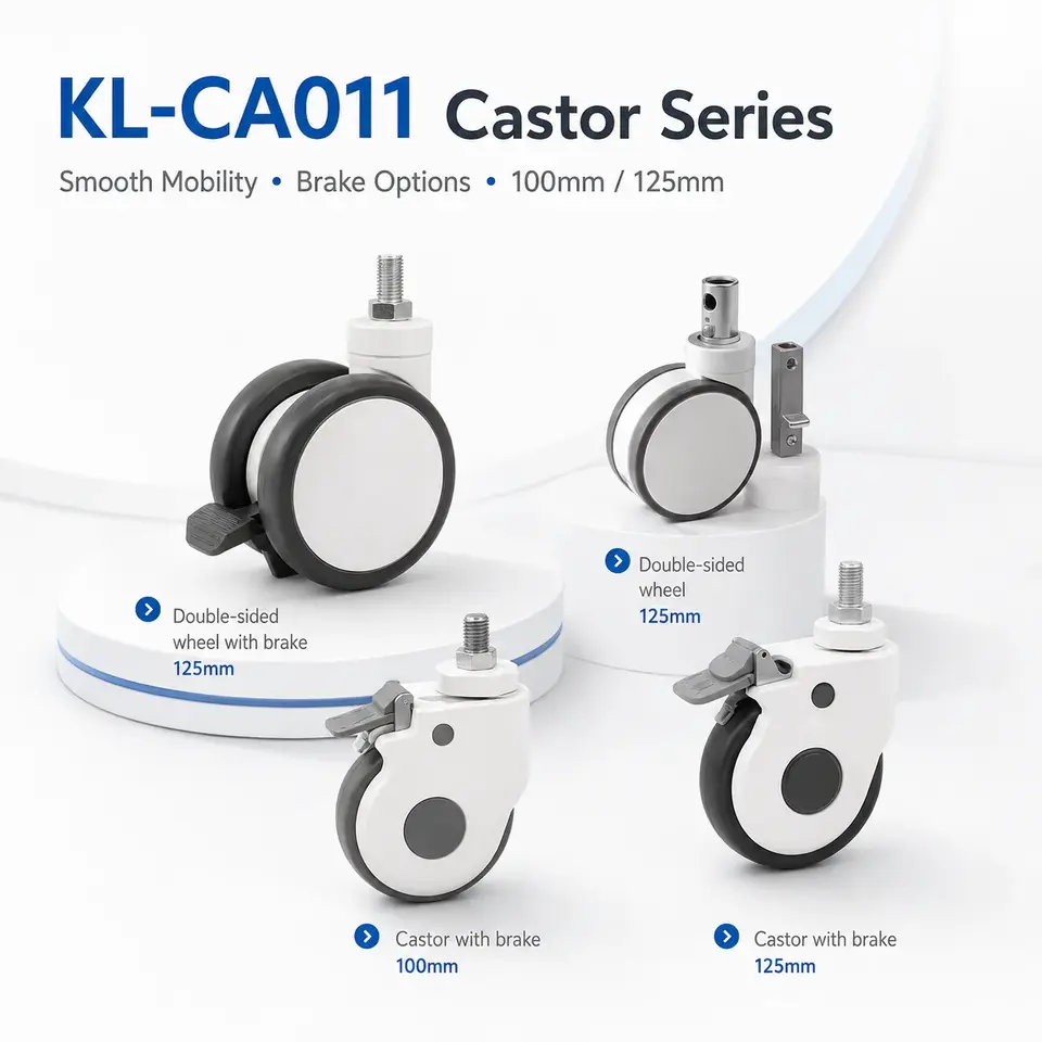 Keling KL-CA011 catalogue presentation of four hospital castor configurations.
