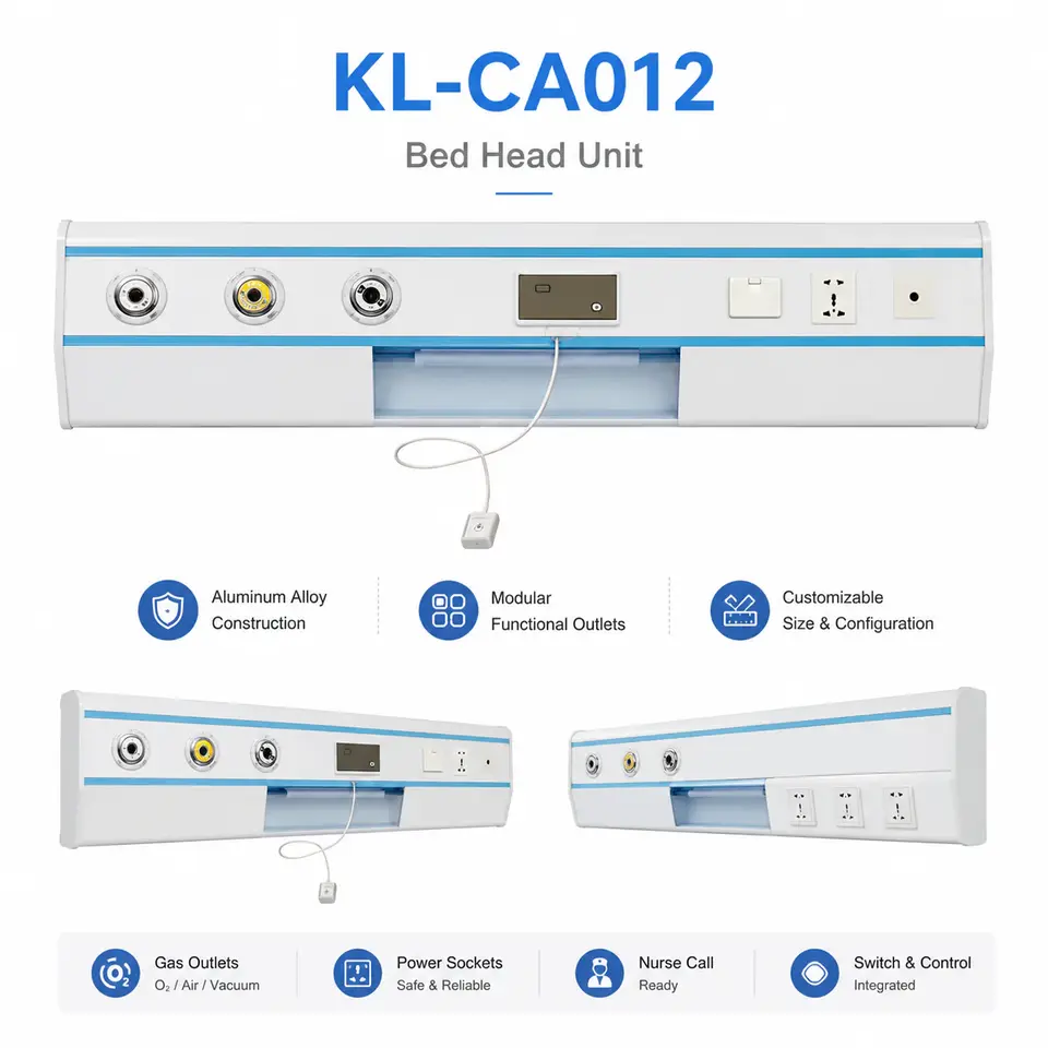KL-CA012 aluminum alloy bed head unit installed above hospital bed headboard