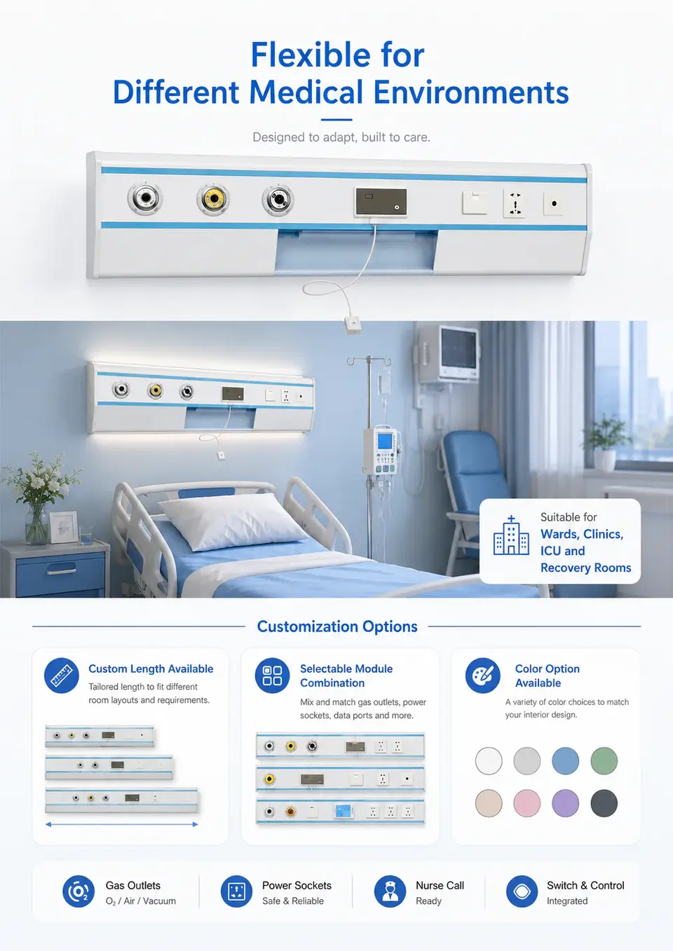 KL-CA012 bed head unit full-length installation view in hospital ward
