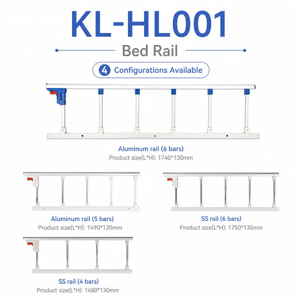 KL-HL001 aluminum 6-bar bed rail installed on hospital bed side in ward