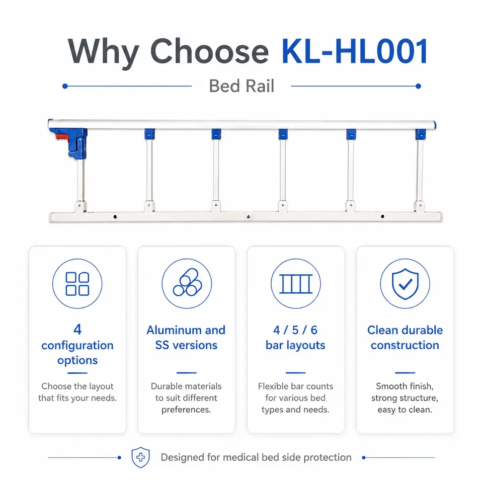 KL-HL001 SS 4-bar bed rail on hospital bed frame in clinical setting