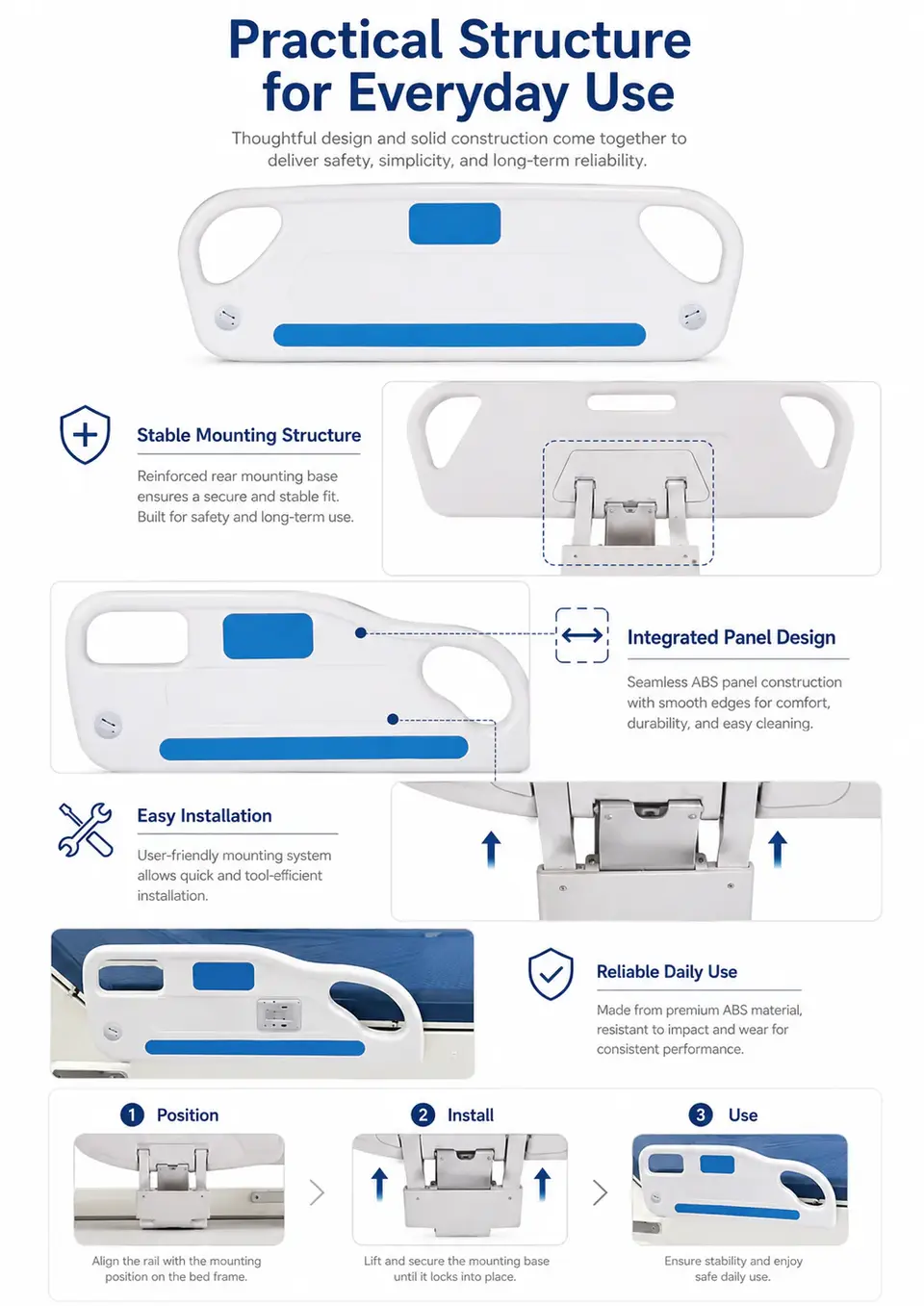 KL-HL002 ABS hospital bed guard rail shown beside matching headboard