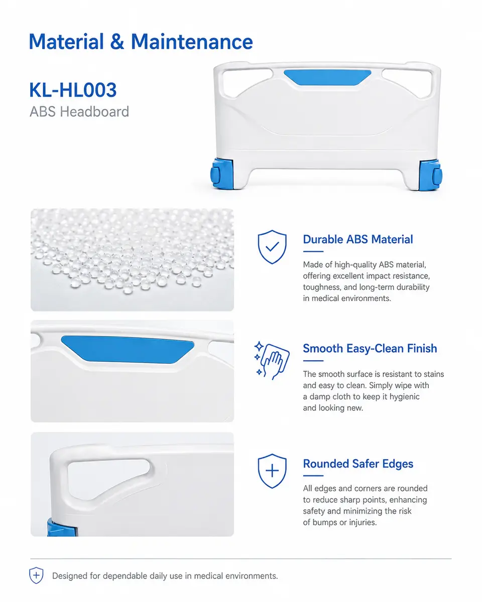 KL-HL003 ABS headboard in ward bay showing bed set with rails and headboard