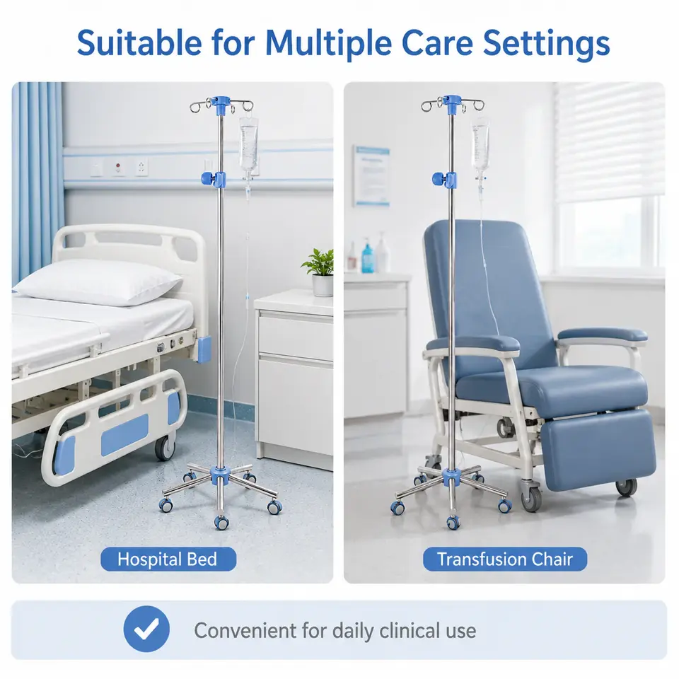 KL-LJ045-1 stainless steel IV pole beside transfusion chair in outpatient setting