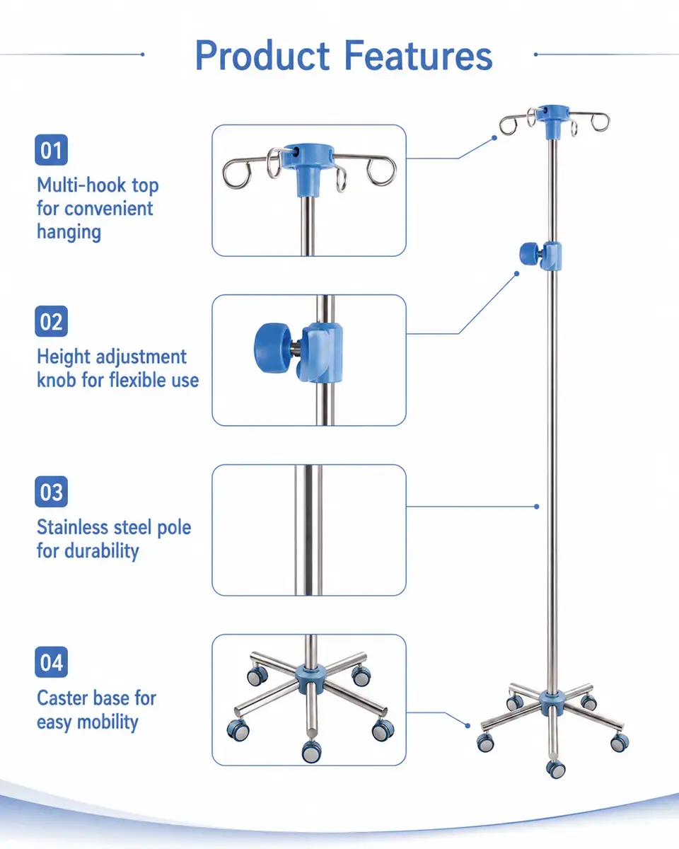 KL-LJ045-1 IV pole angled view showing slimline stainless steel profile