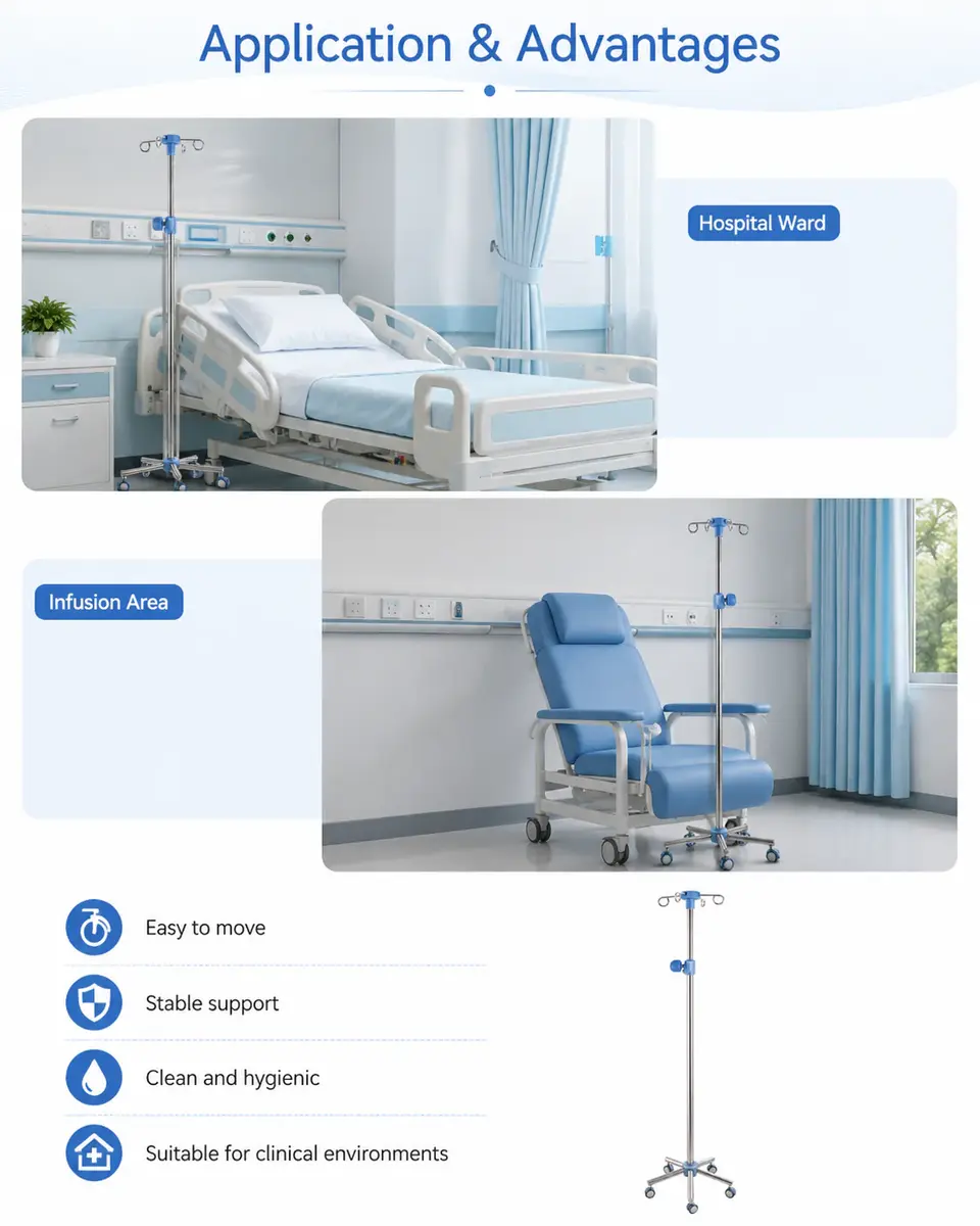 KL-LJ045-1 IV pole at bedside showing height relative to hospital bed