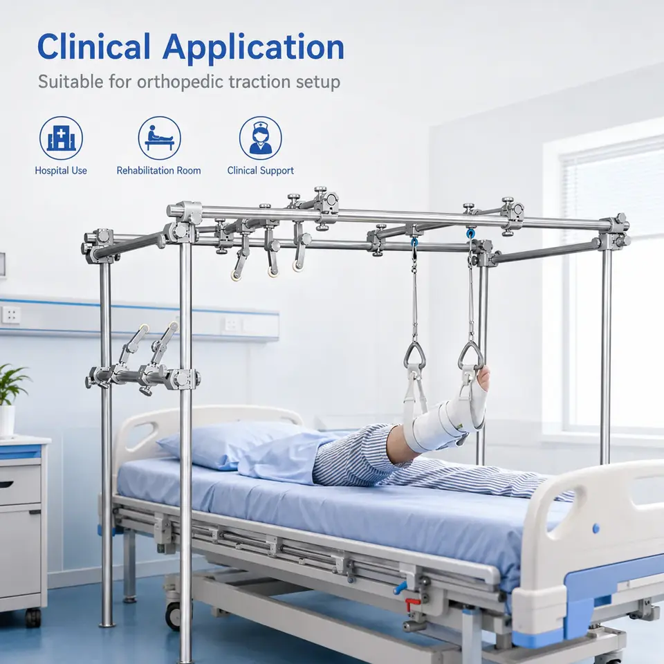 KL-LJ045 traction frame full view over hospital bed with patient positioning setup