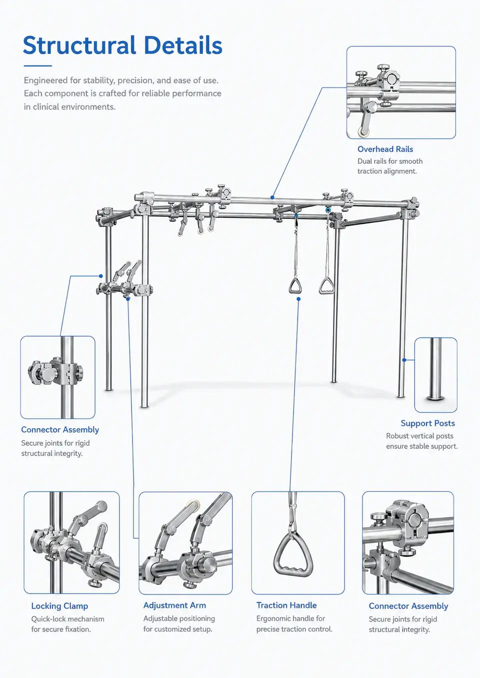 KL-LJ045 stainless steel overhead bar showing multiple pulley mounting positions