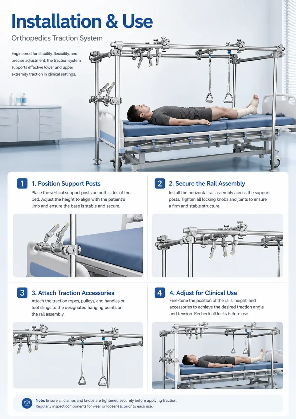 KL-LJ045 traction frame angled view showing overall geometry above hospital bed