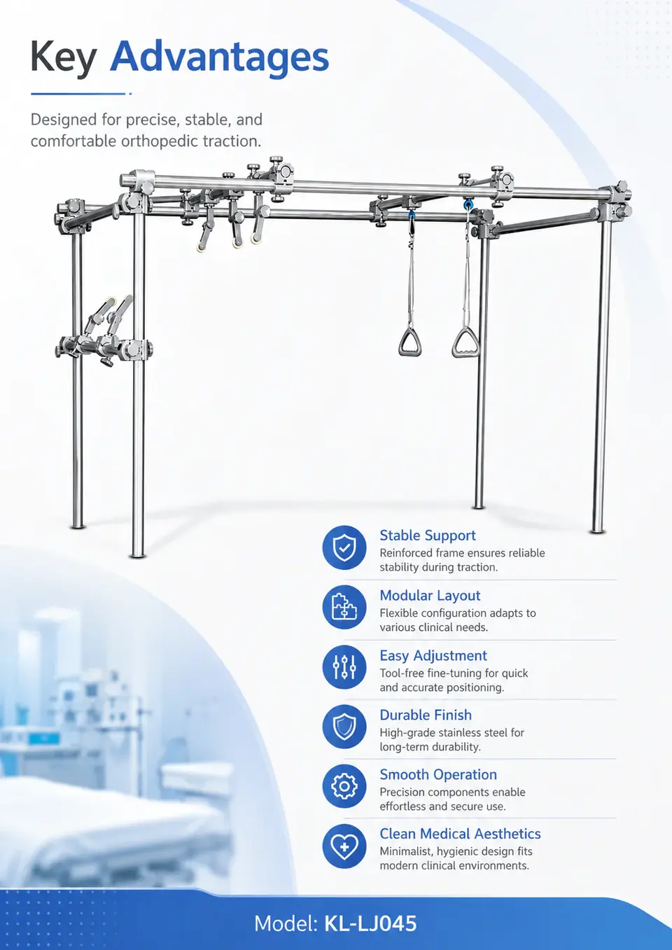 KL-LJ045 orthopedics traction frame in clinical use with traction cords and weights